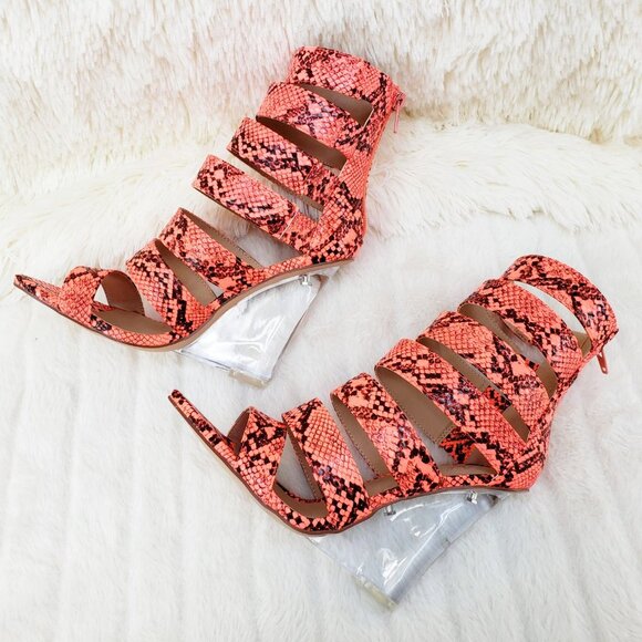 Coral Orange Snake Sexy  4" clear Wedge shoes - Picture 4 of 16
